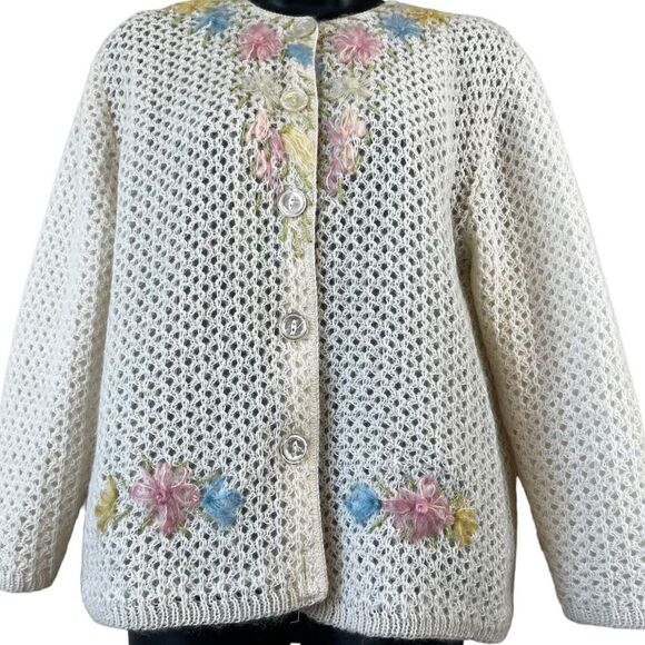 Vintage Sidney Gould FLORAL Mohair/Creslan Knit Cardigan Sweater - Picture 3 of 15